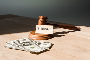 gavel and money with paper that says alimony